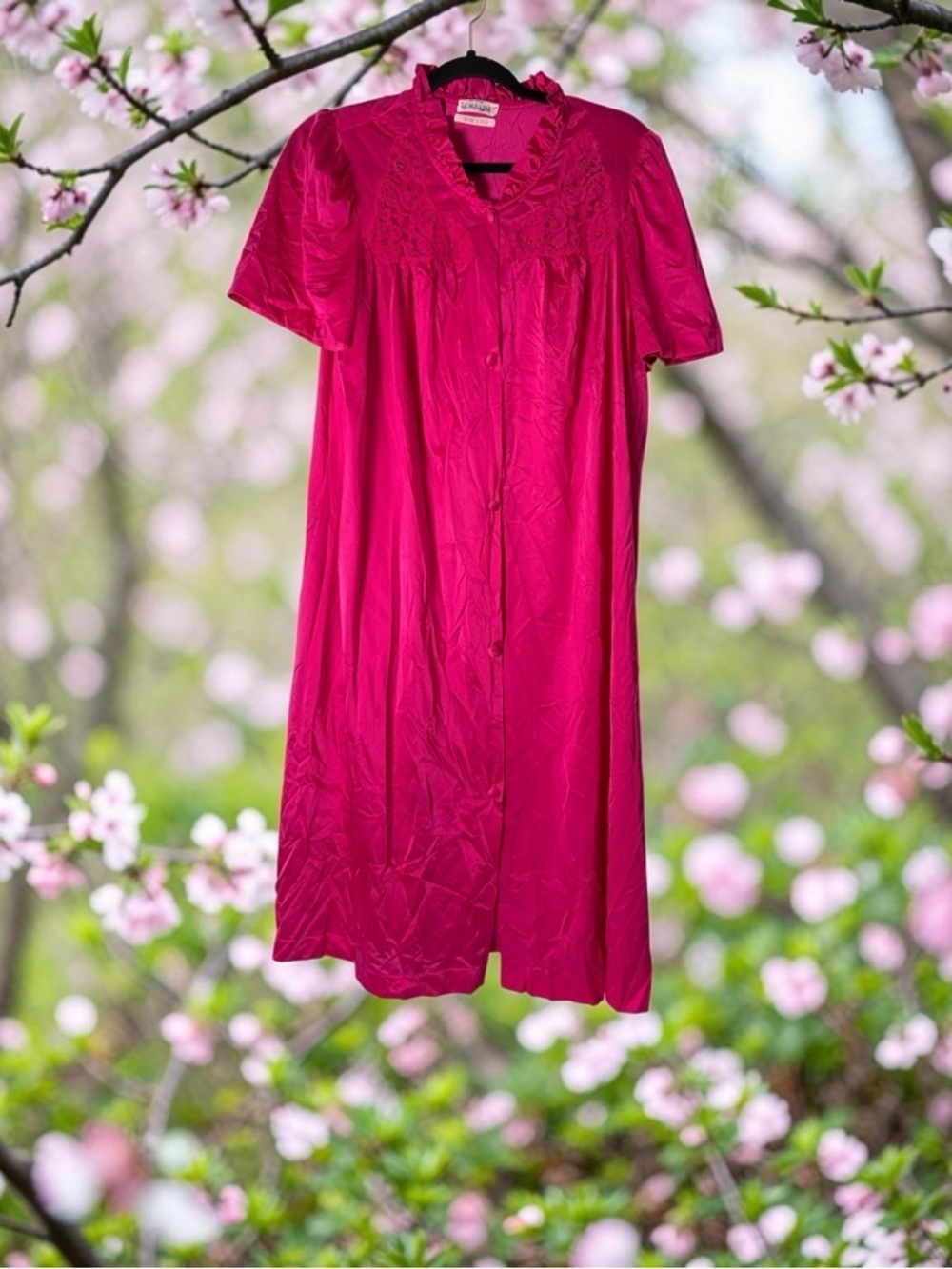 Vintage Lorraine Silky Nightgown Large Pink  Button Closure